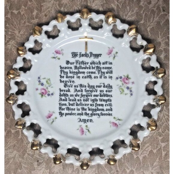 VTG Decorative Plate "The Lord's Prayer" Norcrest Fine China 8.25" white gold - Picture 3 of 6
